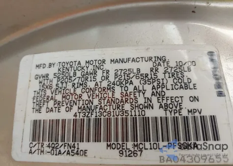 2001 Toyota Sienna Le from USA, damaged, VIN 4T3ZF13C81U351110